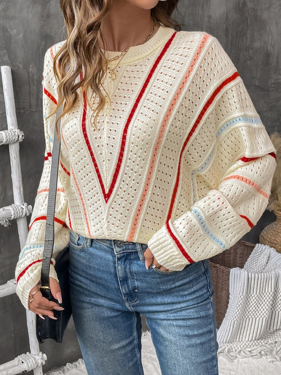 Eyelet Round Neck Long Sleeve Sweater - Modish