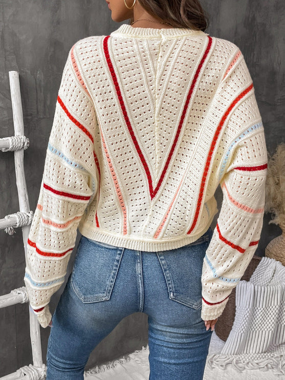 Eyelet Round Neck Long Sleeve Sweater - Modish
