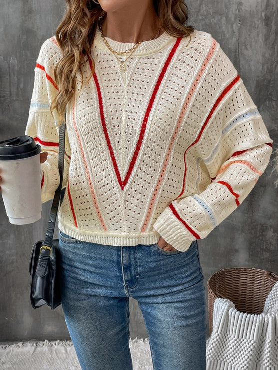 Eyelet Round Neck Long Sleeve Sweater - Tan / S - Modish