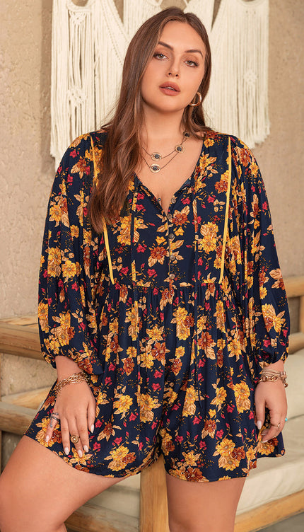 Modish Rustic Chic Plus Size Floral Tie Neck Balloon Sleeve Romper