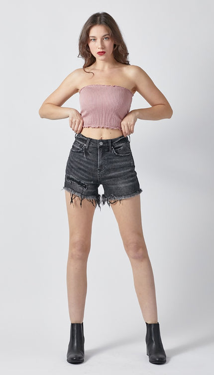 RISEN Raw Hem Denim Shorts with Pockets-Modish