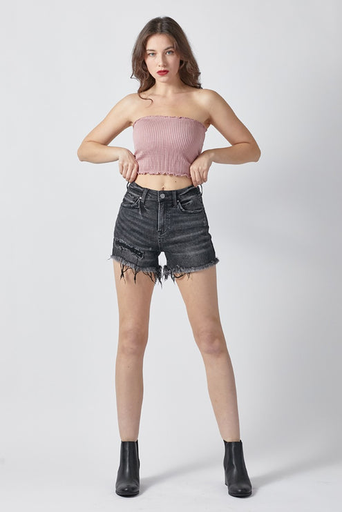 RISEN Raw Hem Denim Shorts with Pockets-Modish