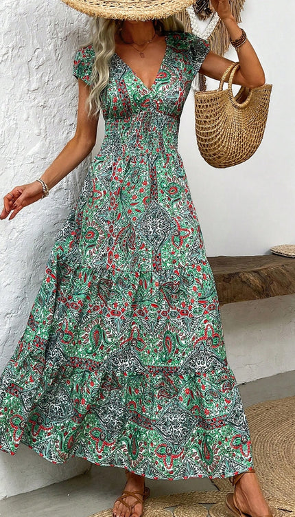 Modish Rustic Chic Smocked Print Midi Dress