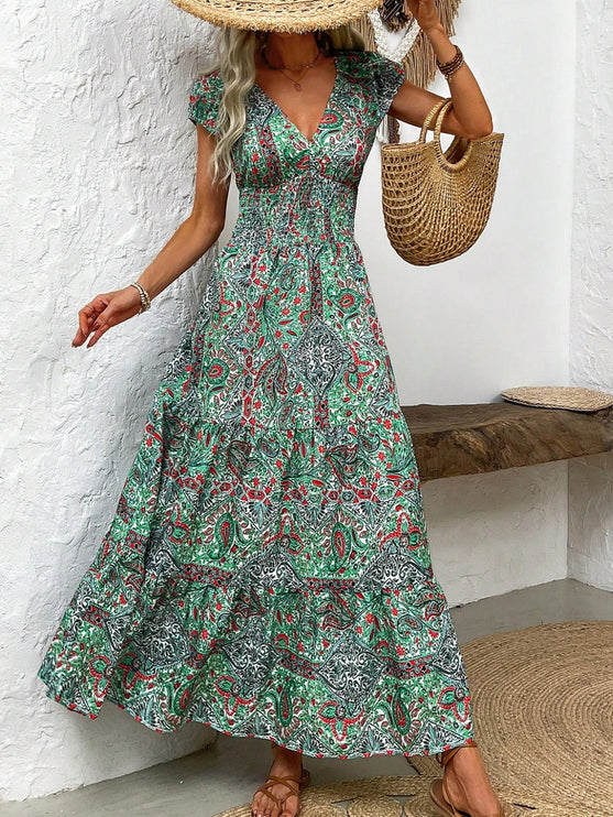 Modish Rustic Chic Smocked Print Midi Dress