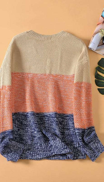 Color Block Round Neck Long Sleeve Sweater