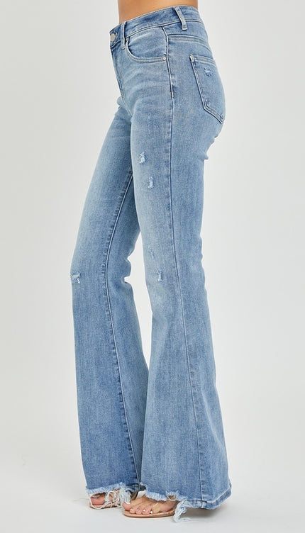 Risen Full Size High Rise Frayed Hem Flare Jeans