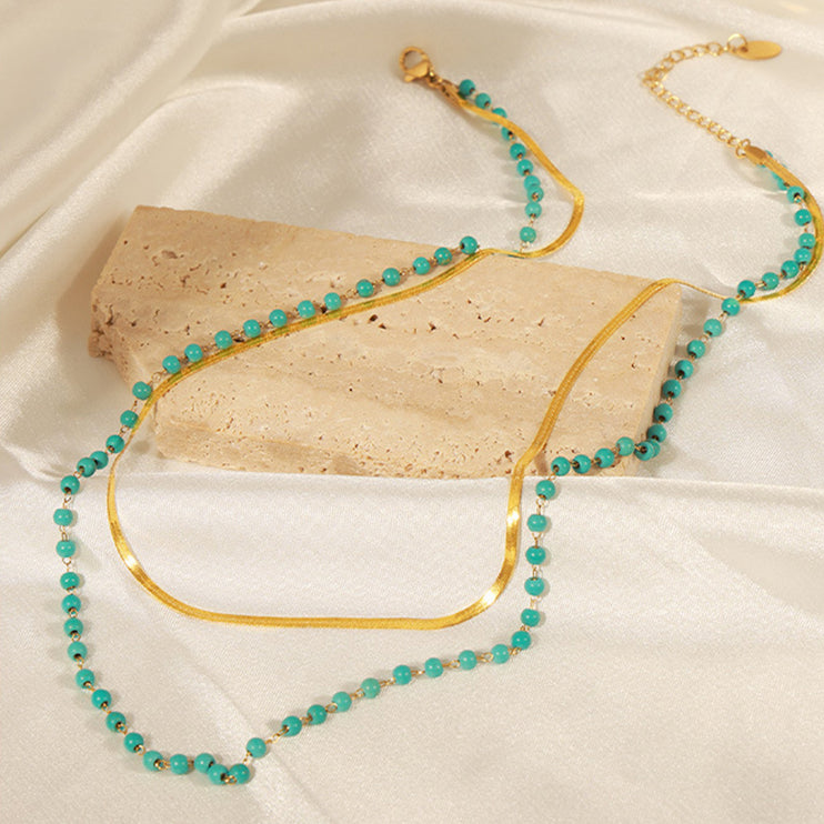 Turquoise Titanium Steel Double-Layered Necklace-Modish