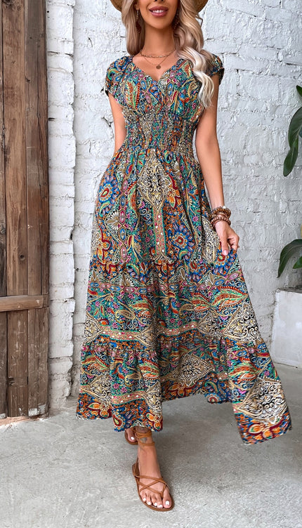 Modish Rustic Chic Smocked Print Midi Dress