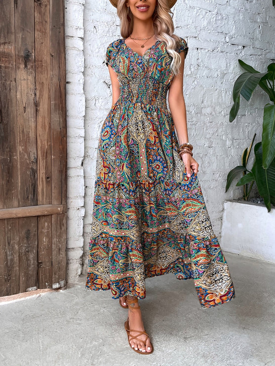 Modish Rustic Chic Smocked Print Midi Dress