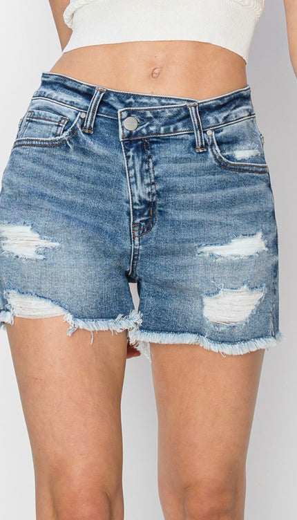 RISEN Stepped Waist Frayed Denim Shorts-Modish