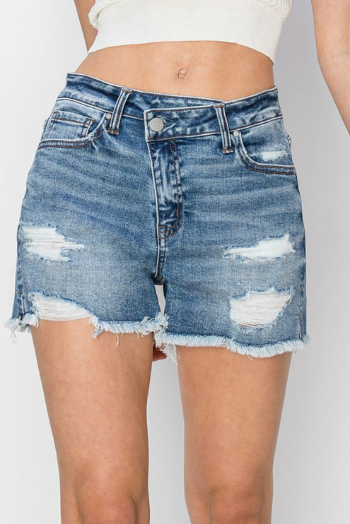 RISEN Stepped Waist Frayed Denim Shorts-Modish