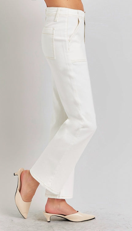 RISEN High Rise Ankle Flare Jeans with Patch Pockets