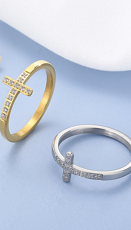 Inlaid Zircon Stainless Steel Cross Ring