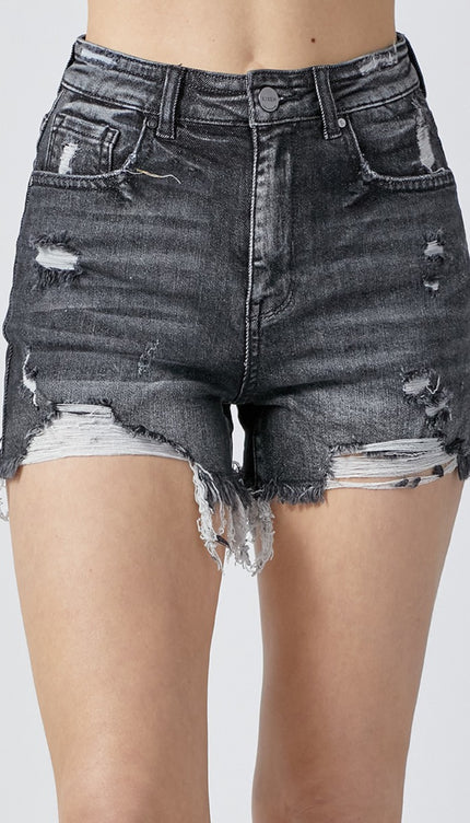 RISEN Full Size High Rise Distressed Denim Shorts-Modish