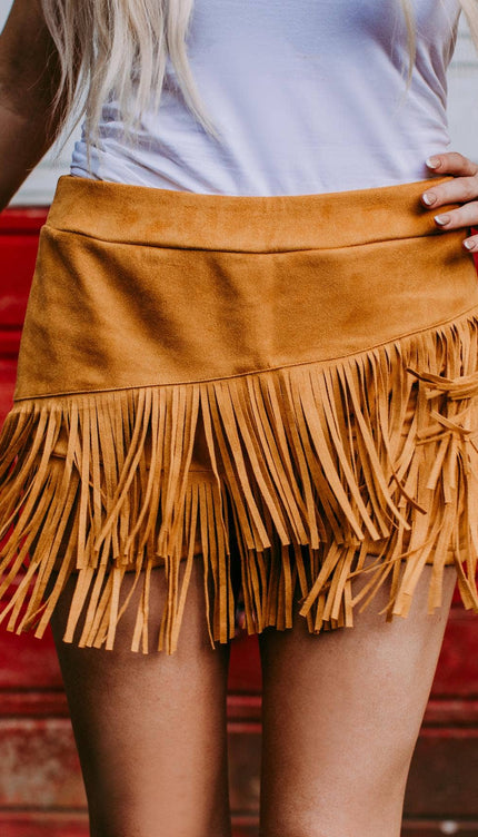 Holy Cow Vegan Suede Fringe Front Shorts - Mustard