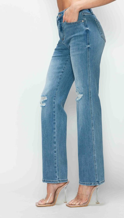 bytos Full Size Distressed High Rise Straight Jeans