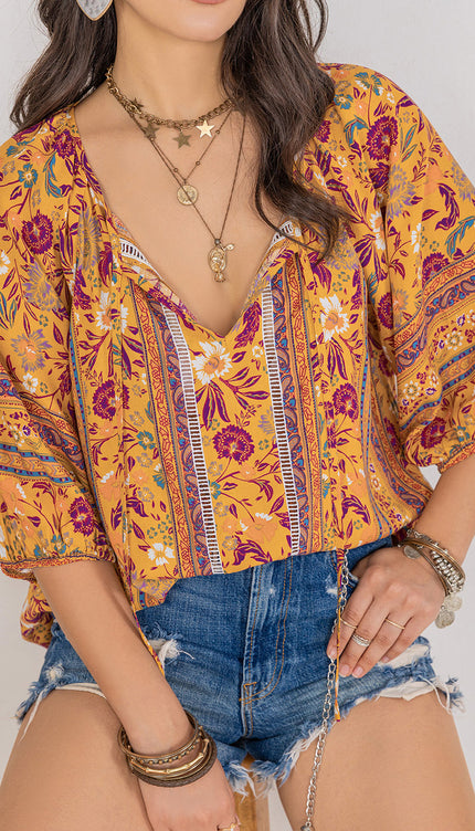 Modish Rustic Chic Print Tie Neck Blouse