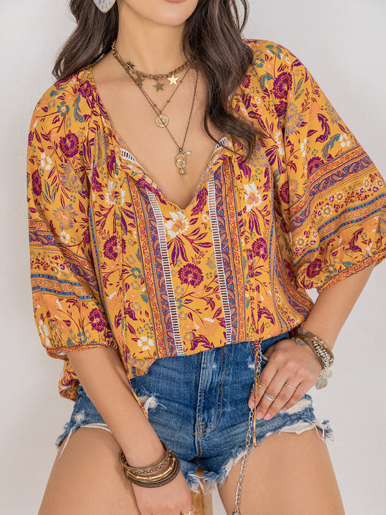 Modish Rustic Chic Print Tie Neck Blouse