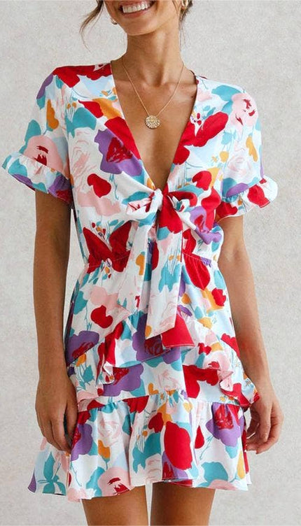 Summer Bow Short Sleeve Floral Print Babydoll Dress