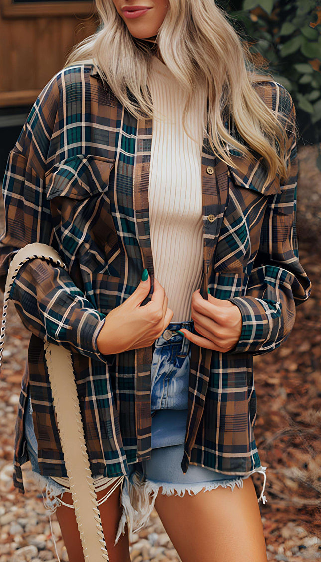 Plaid Collared Neck Button Up Jacket