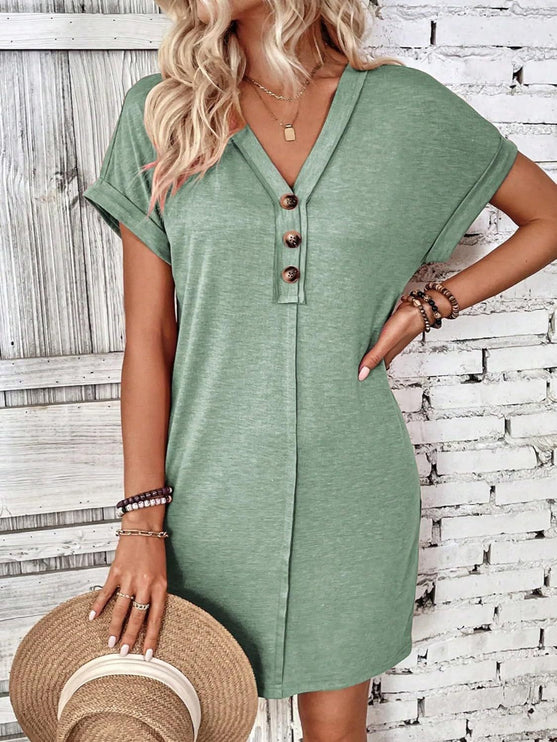 Modish - Quarter Button V-Neck Short Sleeve Dress