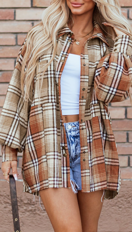 Plaid Snap Down Dropped Shoulder Shacket