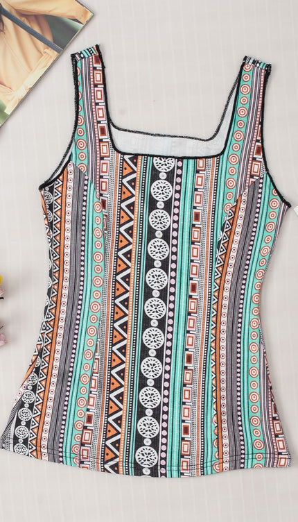 Modish Print Square Neck Wide Strap Tank