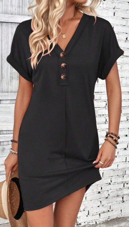 Modish - Quarter Button V-Neck Short Sleeve Dress