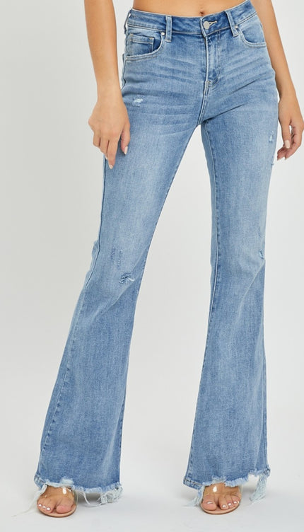 Risen Full Size High Rise Frayed Hem Flare Jeans