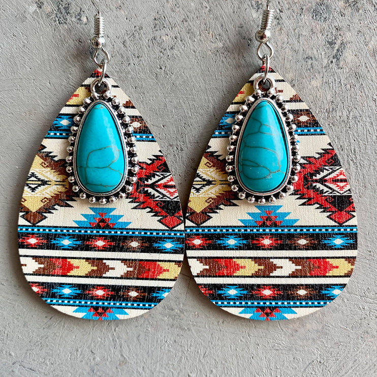 Modish Rustic Chic Turquoise Teardrop Wooden Earrings