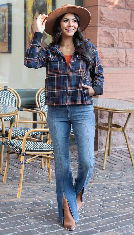 Flannel Plaid Jacket in Navy-Orange