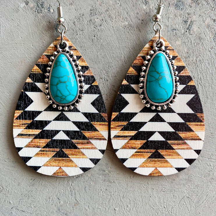 Modish Rustic Chic Turquoise Teardrop Wooden Earrings