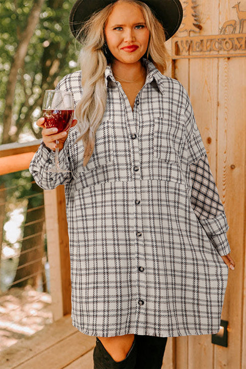 White Stripe Plus Size Plaid Tunic Shirt Dress