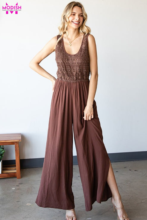 First Love Tie Back Sleeveless Slit Wide Leg Jumpsuit-Modish