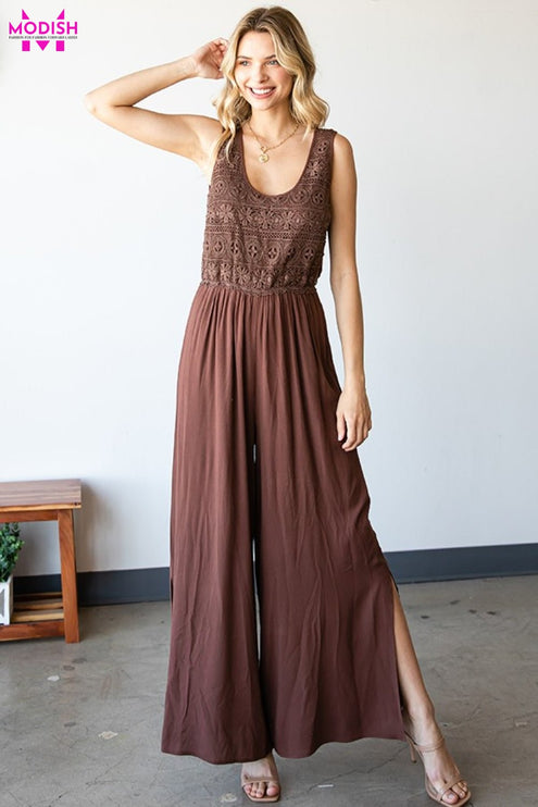 First Love Tie Back Sleeveless Slit Wide Leg Jumpsuit-Modish