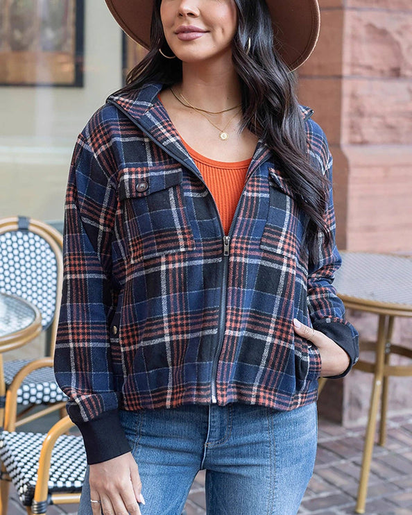 Flannel Plaid Jacket in Navy-Orange - S / Navy-Orange