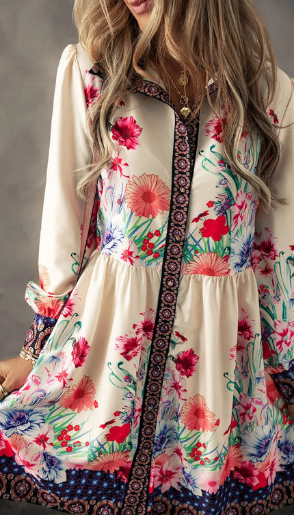 Flower Button Down Lantern Sleeve Dress - Ivory / S