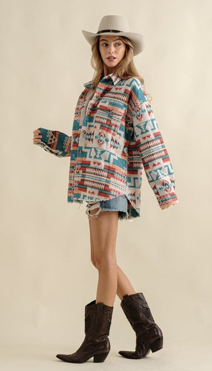 Frayed Aztec Western Shacket