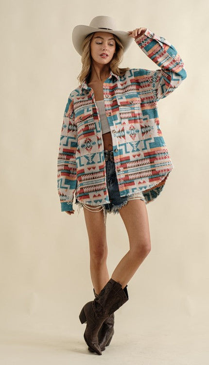 Frayed Aztec Western Shacket