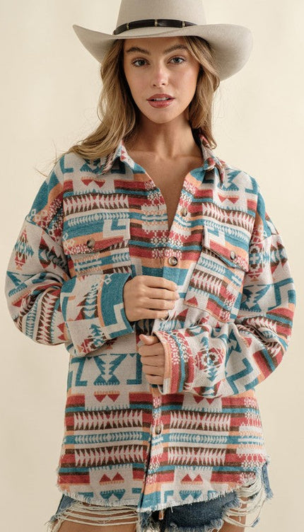Frayed Aztec Western Shacket