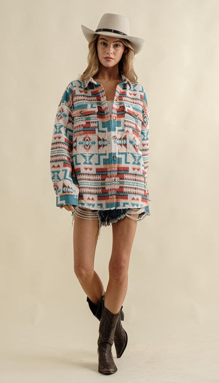 Frayed Aztec Western Shacket