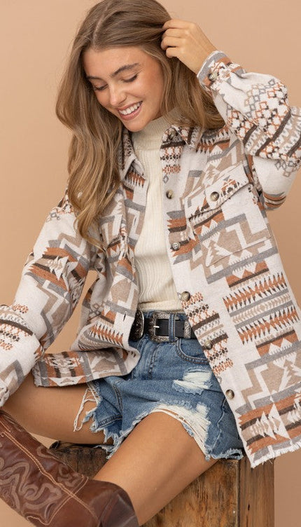 Frayed Aztec Western Shacket - Beige / S