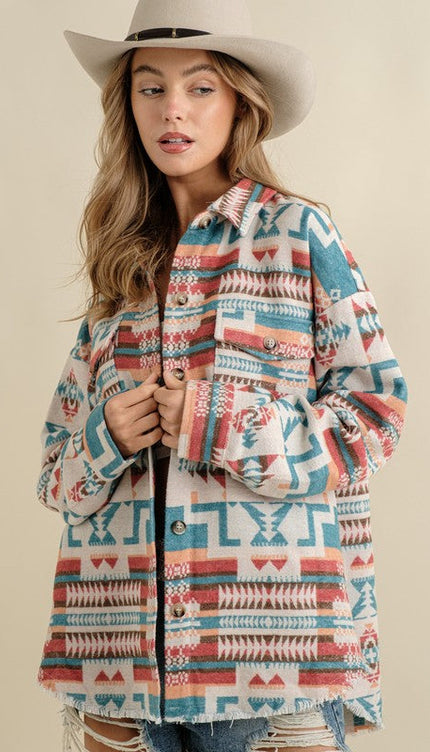 Frayed Aztec Western Shacket - Teal / S