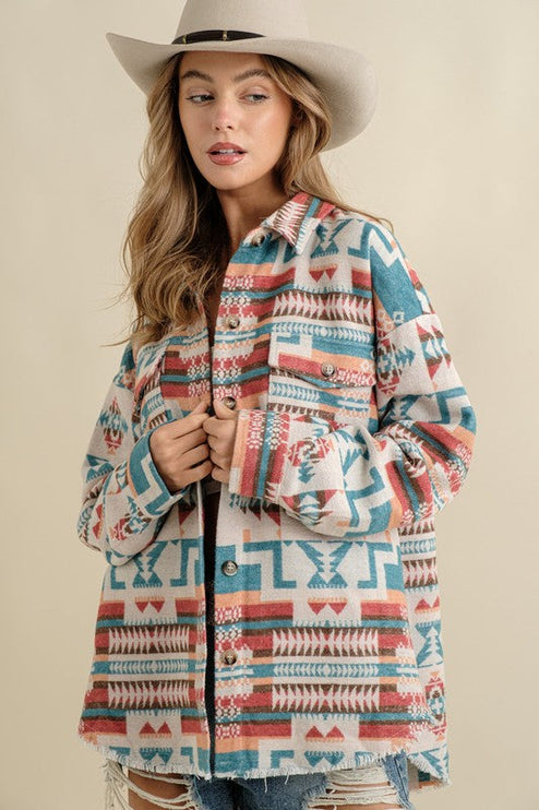 Frayed Aztec Western Shacket - Teal / S