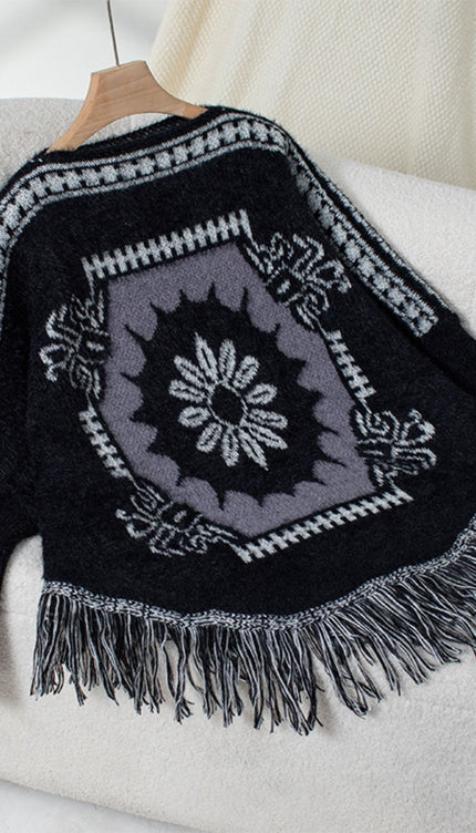 Fringe Geometric Long Sleeve Poncho - Black / One Size - New Arrivals