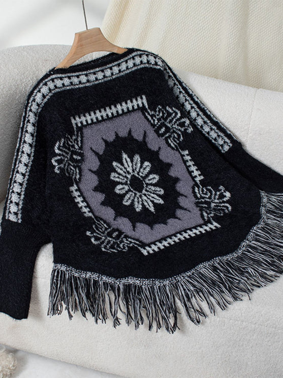 Fringe Geometric Long Sleeve Poncho - Black / One Size - New Arrivals