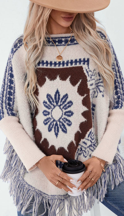 Fringe Geometric Long Sleeve Poncho - Cream / One Size - New Arrivals