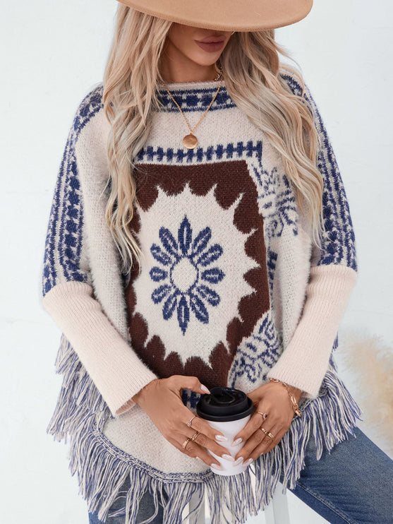 Fringe Geometric Long Sleeve Poncho - Cream / One Size - New Arrivals
