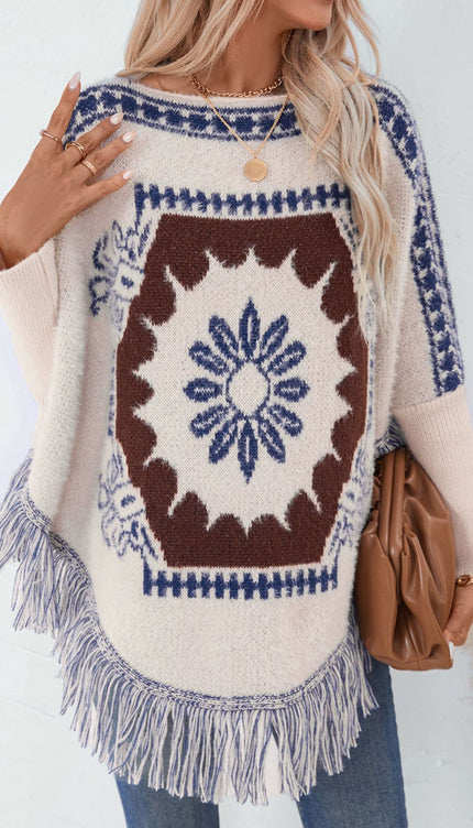 Fringe Geometric Long Sleeve Poncho - New Arrivals