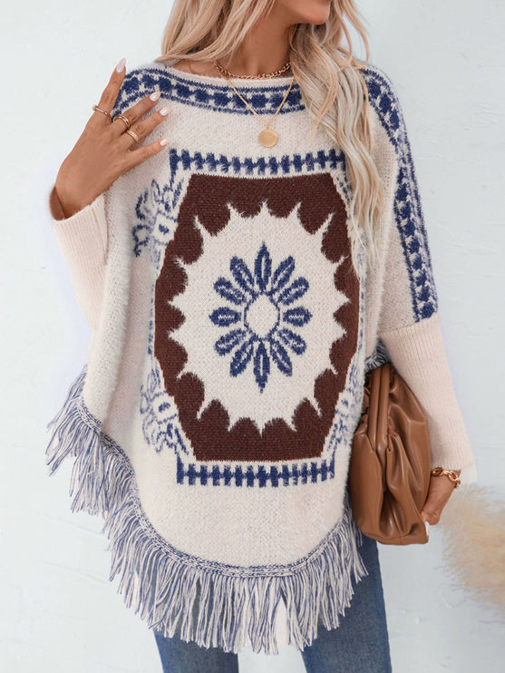 Fringe Geometric Long Sleeve Poncho - New Arrivals